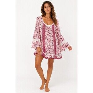 Poupette St Barth Pink Floral Cotton Tunic Cover Up Dress OS Boho Beach